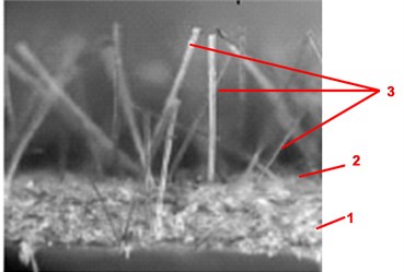 Microphoto of flock printing material: a) coated by nylon hairs: diameter – 20 μm, length – 1mm [1]; b) image of the material with glued flock enlarged by the electronic microscope, where: 1 – the background material, 2 – the layer of glue, 3 – the glued flock [2]