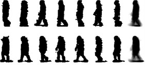 Some original binary images and the average silhouette images  of two different individuals in the USF HumanID gait database