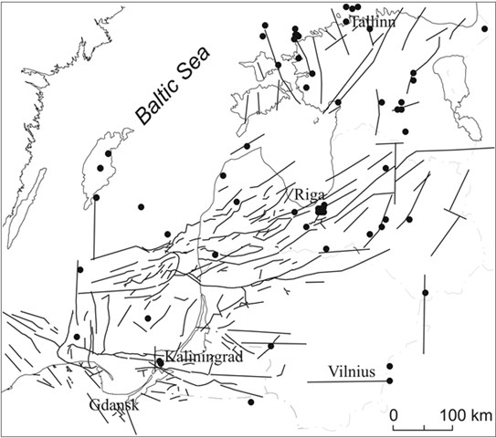 Major faults defined in the sedimentary cover of the Baltic sedimentary basin  and documented earthquake epicentres (according to [1] with some modifications)