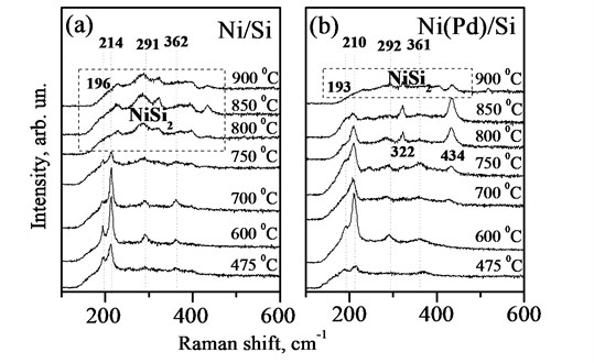 Room-temperature micro-Raman spectra for Ni (a) and Ni(Pd) (b) films on Si, annealed at various temperatures