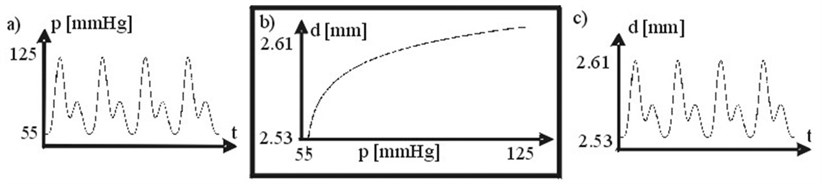 a) Arterial pressure, b) arterial wall transfer function p(t) vs. d(t), c) arterial diameter. 1 mm Hg = 133.3 N/m2