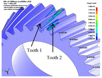 a) 2 observed teeth on driven gear, b) element matrix of 32×30 for a tooth surface
