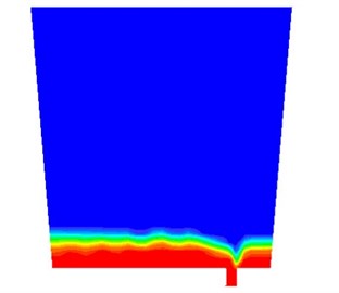 Simulation results at the moment of slag outflowing:  a) contours of the volume fraction, b) path lines