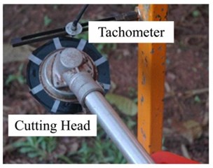 Exhaust noise measurement: a) measurement set up,  b) the tachometer mounted on the top of cutting head,  c) the muffler with MPP mount on the engine