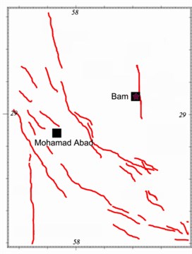 Plans showing the selected stations, Bam and Mohamad Abad, and estimated Bam fault alignment resulted from this study and those of the others