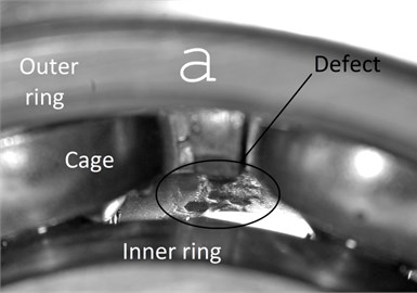 Defects of the deep groove ball bearing 6204 2Z/C3 P6:  a) inner ring race defect, b) outer ring race defect