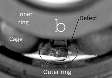 Defects of the deep groove ball bearing 6204 2Z/C3 P6:  a) inner ring race defect, b) outer ring race defect