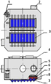 Fixing devices for cylindrical capacitors a), flat insulating components b):  1, 2, 4 – base elements, 3 – condensers, 5 – body, 6 – metal plate, 7 – isolator, 8 – ER glue