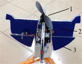 Photo of inner flying device 1 – the propeller and the brushless motor; 2 – bracket framework; 3 – control rudders