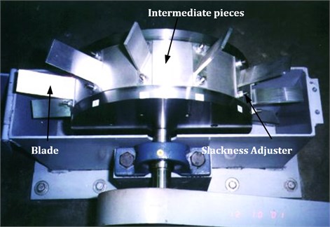 Photograph showing test rig with blade assembly and intermediate locking pieces