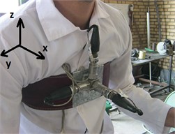 Accelerometers mounting positions: a) handle grip, b) trailer seat, c) operator’s wrist,  d) operator’s arm, e) operator’s chest, and f) operator’s head