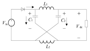 Equivalent circuit of Z-source DC/DC converter: a) equivalent circuit of inverter,  when shoot-through state, b) equivalent circuit of inverter, when non-shoot-through state