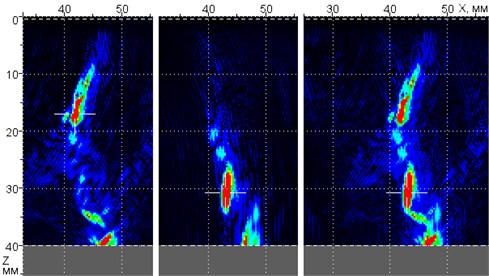 Tomographic images of large-size discontinuity within the steel plate of 40 mm thickness reconstructed under even (left) and odd (central) algorithms, as well as under multi-algorithm (right)