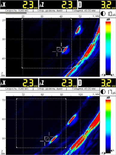 Patterns of the end-face flat-bottom holes of 3 mm diameter within the steel of 20 grade at slant distance to holes equal to 55 mm (top) and 125 mm (bottom)