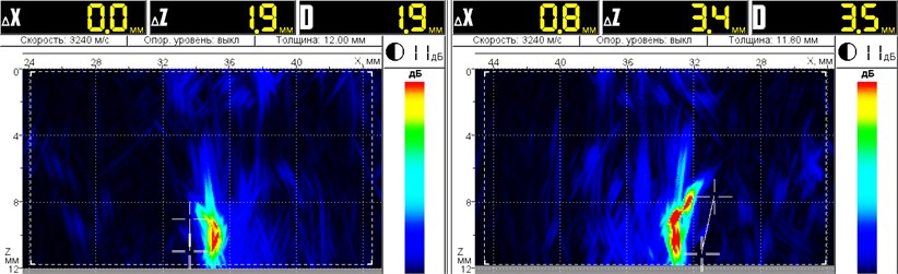 Tomographic sections of the weld joint with cavity shown in Fig. 6 obtained  with AA located to the left (left) and to the right (right) from seam