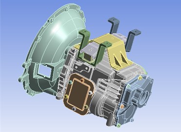 3D assembly model of the further modified transmission housing assembly