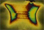 Photoelastic images representing stress distributions of samples of polymeric film of LDPE type of various thicknesses in unloaded and loaded conditions:  a), c), e), g), i), k), m) – photoelastic images representing distributions of stresses of samples of unloaded film of LDPE type; b), d), f), h), j), l), n) – photoelastic images representing distributions of stresses of samples of loaded film of LDPE type