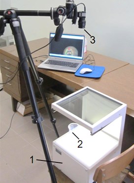 View of the experimental setup used for photoelastic stress analysis of LDPE polymeric films:  1 – General Purpose Strain Viewer, 2 – tested material, 3 – USB digital camera EO-1312c