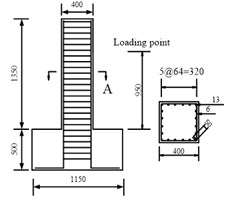 Hysteresis behavior of RC columns under bending load under bending-shear effect: a) Specimen geometry and reinforcement, b) The test and numerical simulation results,  c) Cumulative energy dissipation