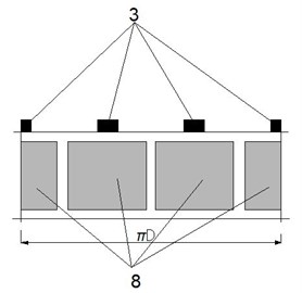 Piezoelectric robot: a) scheme of the robot; b) piezoelectric cylinder electrodes configuration, here:  1 – piezoelectric cylinder, 2 – permanent magnet, 3 – friction contact elements,  4 – ferromagnetic sphere-rotor, 5 – first piezoelectric bimorph, 6 – second piezoelectric bimorph,  7 – manipulated object, 8 – configuration of the piezoelectric cylinder electrodes;  c) geometrical parameters of 2D actuator, here: 1 – first piezoelectric bimorph,  2 – second piezoelectric bimorph, l1 – length of first bimorph, l2 – length of second bimorph,  w1 – width of first bimorph, w2 – width of second bimorph, t1 – thickness of first bimorph,  t2 – thickness of second bimorph