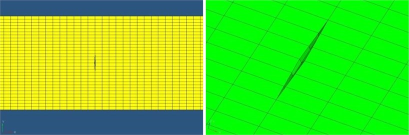 The finite element mesh situation of the CFRP tensile specimen:  a) The overall view of finite element mesh, b) Crack processing