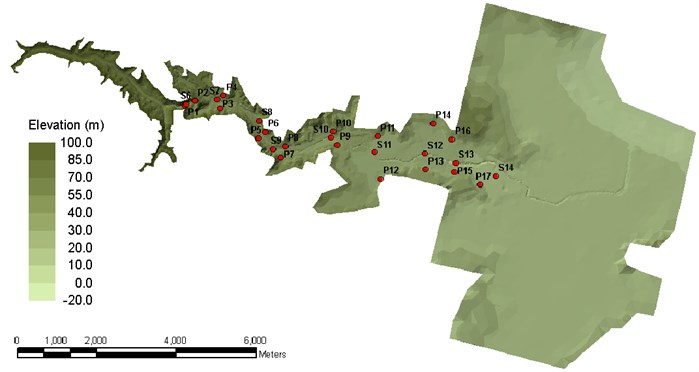 Topography and locations of field surveyed points (P1-P17) and gauges at  physical model (S6-S14)