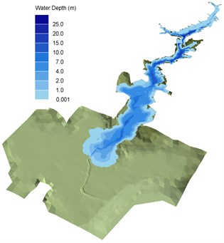 3D inundation water depth and extent at a) 0, b) 3, c) 12, d) 21, e) 30 and f) 35 min