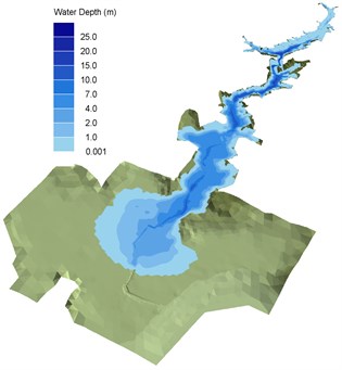 3D inundation water depth and extent at a) 0, b) 3, c) 12, d) 21, e) 30 and f) 35 min