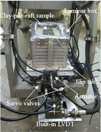 a) Setting up centrifuge-shaker platform, b) pile-raft model, c) steel plates for added masses