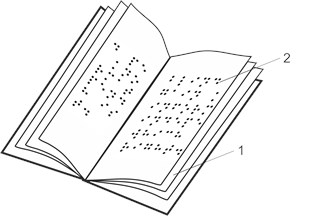 Schematic representation of samples: a) a book consisting of sheets of polymeric film (1) with Braille writing (2); b) samples rotated by various angles α