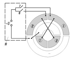 Generating traveling wave oscillations in the hemisphere transducer,  symmetrical in relation to its axis