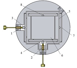 Monolithic structure (centring platform):  1, 2 – ultra-fine adjustment screws; 3, 4 – motion reduction mechanisms; 5 – x axis moving platform;  6 – y axis moving platform; 7, 8 – guide mechanisms