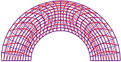 The mode shapes for a C-C-C-C annular sector plate with sector angle ϕ=π and cutout ratio a/b= 0.5. (The dashed background grid is the original undeformed configuration)