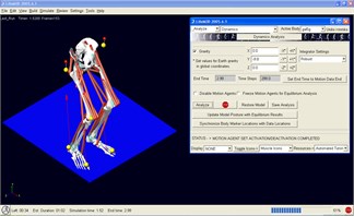 Dynamics analysis: a) – LifeMOD (yellow movement forming markers), b) – MC reaction power; 1 high jump, 2 fast jump