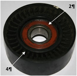 Image ball rolling bearings and drive belt tensioning rollers (4) of a car engine timing:  a) bearing a new one, b), c) bearings on exploitation 2 and 3