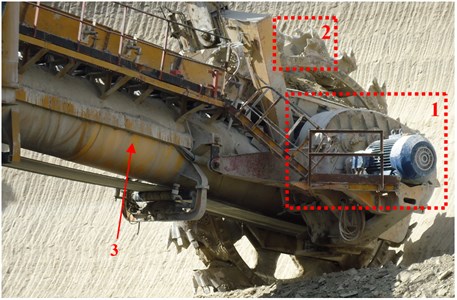 Operating body of the bucket wheel excavator ER1250; 1 – bucket wheel drive,  2 – bucket with cutting elements, 3 – tubular structure of the bucket wheel boom