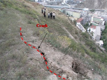 Two cracks in the back scarp of the slope