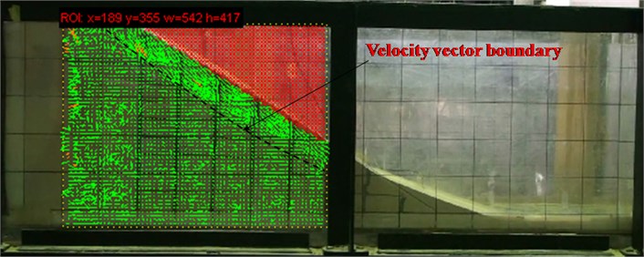 PIV analysis results with velocity vector boundary of slope