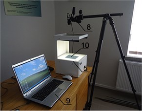 Layout of the setup for investigation of stresses: a) structural diagram; b) external view of the designed experimental setup: 1 – stands for the light source, 2 – collimating lens, 3 – polarizer,  4 – quarter wave plate, 5 – background on which a sample is located, 6 – analyzer, 7 – field lens,  8 – digital camera EO-1312c, 9 – personal computer, 10 – investigated sample