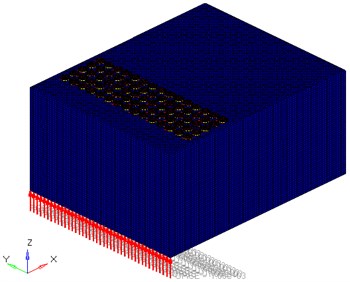 Phononic crystal cavity model after FEM is divided.  The red arrows represent the force (1000 N, z direction)