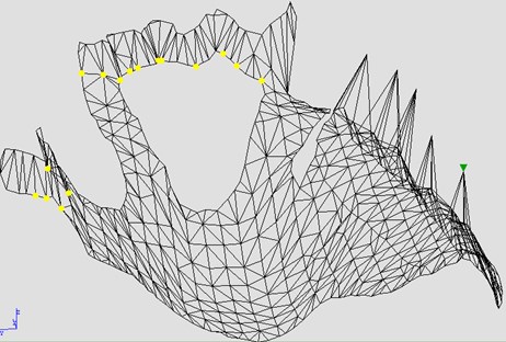 FEM mesh – showing both supporting nodes and nodes with prescribed loads