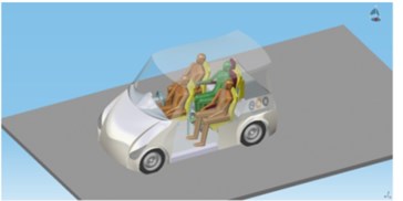 Visualisation of ECO-car functionality: a) general vehicle structure, b) possibilities of entering to the vehicle, c), d) a placement of disabled person (driver) and location of four people (including one disabled person), e), f) entering of a manual wheelchair and an electric wheelchair through the rear ramp,  g), h) locating one passenger in the electric wheelchair and the remaining three non-disabled passengers