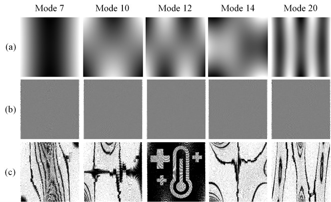 The Eigen-mode serves as the key for visual decryption of the cover image. The first row shows different Eigen-shapes; the row column – time-averaged images; the third row – contrast enhanced time-averaged images