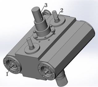 Virtual prototype of the vibration head: 1. Eccentric parts, 2. Isolation structure, 3. Rotating structure, 4. Synchronization mechanism, 5. Support plate