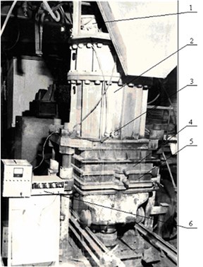 Appearance of the experimental stand: 1 – acoustical generator; 2 – working chamber;  3 – ignition device, 4 – filling framework; 5 – casting-box; 6 – measuring station