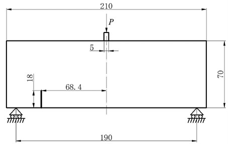 Geometry of the three-point bending beam with offset notch (all dimensions in mm)