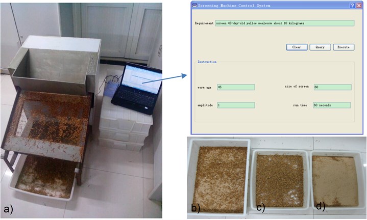 Yellow mealworm screening: a) yellow mealworm screening machine, b) yellow mealworm  and frass before screening, c) yellow mealworm after screening, d) frass after screening
