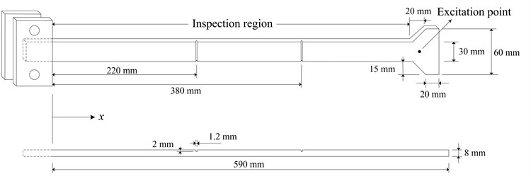 a) Schematic of the damaged beam-like structure with multiple cracks,  and b) image of the inspection region and the cracks
