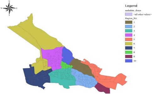 Overview map of the city of Tabriz with 10 municipality zones