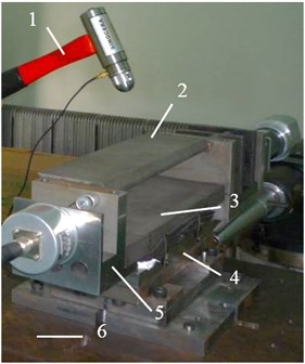 Impulse excitation response experiment:  1 – force hammer, 2 – hatch, 3 – support frame, 4 – piezoelectric balance, 5 – plug, 6 – test platform